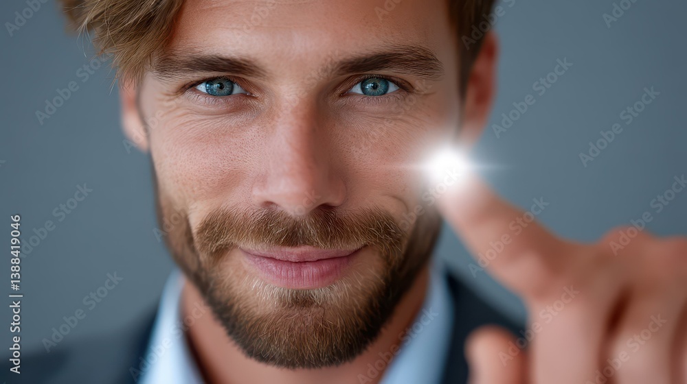 Poster a businessman utilizes facial recognition tech for biometric access, ensuring secure financial data 