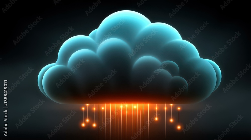 Poster a vibrant infographic showcasing a cloud shape illuminated with glowing dots and lines, symbolizing 