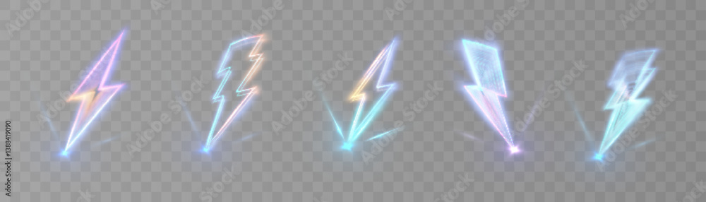 Aufkleber Collection of glowing lightning bolt icons in cool neon colors with dynamic blur on transparent background. Suitable for futuristic interfaces, game design, digital effects and electric UI visuals.
