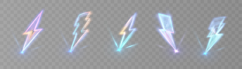 Collection of glowing lightning bolt icons in cool neon colors with dynamic blur on transparent background. Suitable for futuristic interfaces, game design, digital effects and electric UI visuals. © MAKSYM