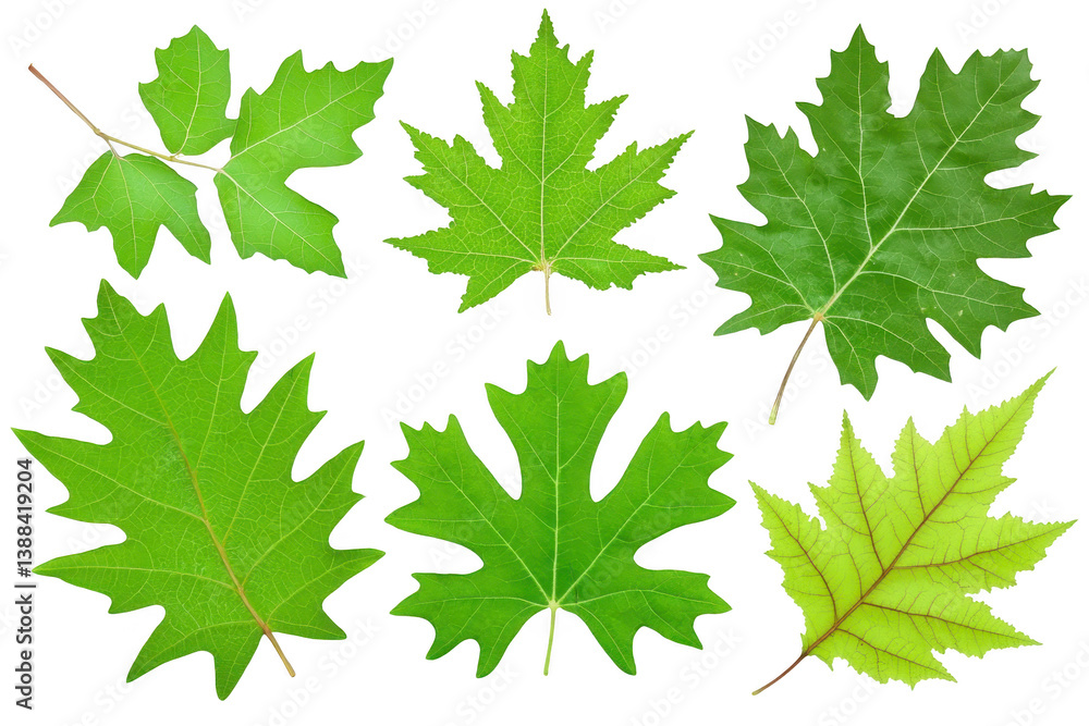 Poster a various green maple leaves are displayed, showcasing different shapes and textures. leaves are vib