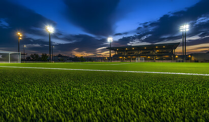 Night Soccer Stadium: A floodlit soccer field at twilight, showcasing the vast expanse of meticulously manicured green grass, with the stadium's architectural grandeur.