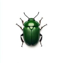 A vibrant green june beetle stands out against a pure white background, showcasing its unique color and texture.
