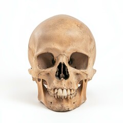 A detailed human skull, isolated against a clean white background, ideal for educational and artistic uses.