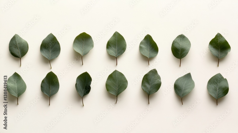 Poster Fresh eucalyptus leaves arranged in a structured layout on a soft white surface emphasizing botanical minimalism