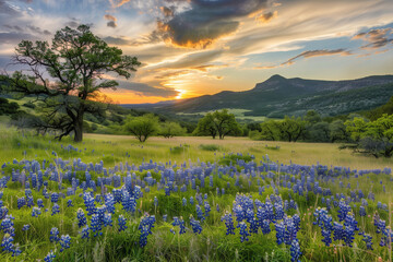 Blue Flower Landscape Capturing a Peaceful Spring Valley with Wildflowers, Grassy Fields, and Majestic Mountain Backdrop