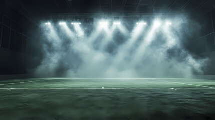 Night Stadium with Dramatic Illumination:  A dramatic sports stadium setting bathed in bright spotlight against a backdrop of diffused fog and anticipation.