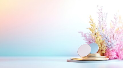 Fototapeta premium A round mirror and wooden discs arranged on a pastel gradient background with colorful dried flowers, and minimalistic and elegant composition.