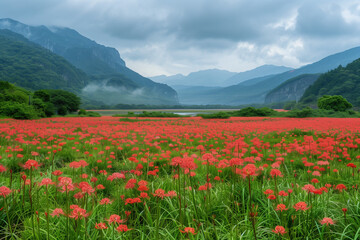 Red Flower Landscape with Rolling Green Hills, Wild Spring Blooms, and a Panoramic View of Mountains and Sky