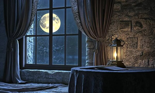 Lantern glowing on wooden table inside medieval castle room with full moon shining through window at night
