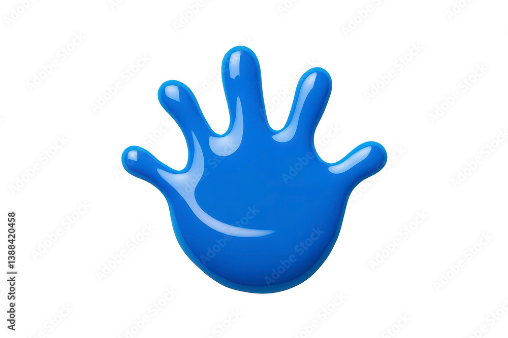 Poster a glossy blue handprint with playful and shiny appearance, resembling splash of paint or liquid. han