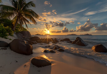 Tropical Sunset Bliss: Capture the breathtaking allure of a serene tropical sunset with the radiant sun casting a golden glow over the ocean. This image exudes peace.