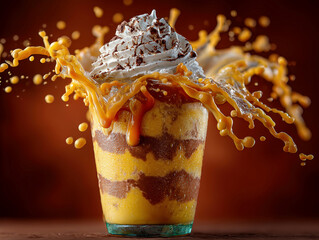 A dynamic scene showcases a layered cake-flavored beverage pouring, creating an illusion of blending layers in mid-air Suggests a delightful sensory experience for a tasty treat advert - AI-Generated