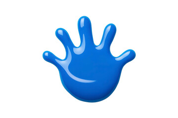 Obraz premium A glossy blue handprint with playful and shiny appearance, resembling splash of paint or liquid. handprint has smooth, reflective surface, creating vibrant and dynamic visual effect