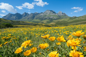 Yellow Flower Landscape in a Colorful Spring Valley Surrounded by Blooming Meadows, Hills, and Sunny Skies
