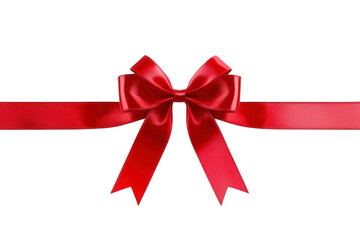 A vibrant red ribbon bow with glossy finish is elegantly tied, creating festive and celebratory atmosphere. bow smooth texture and bright color make it perfect for gift wrapping or decoration