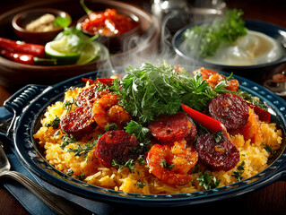 Fototapeta premium Image shows a colorful, steamy paella dish, symbolizing culinary excellence and inviting Spanish cuisine - AI-Generated