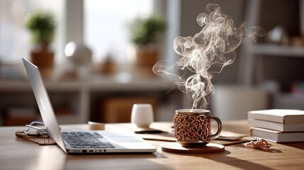 Generic Remote Desk Moment Open Laptop Latte Steaming