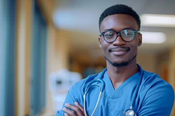 Naklejka premium Portrait of a young African American male doctor in hospital