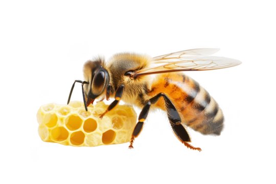 A honeybee is delicately perched on piece of honeycomb, showcasing its intricate wings and striped body. honeycomb hexagonal cells are filled with golden honey, highlighting bee role in nature