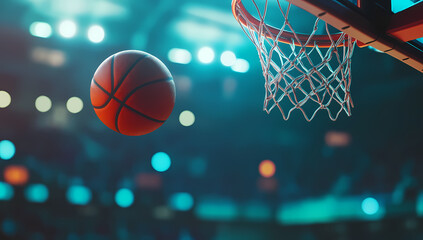 Swoosh: Capturing a basketball mid-flight, about to score in a dynamic sports photograph, with a vibrant atmosphere and a sense of anticipation.