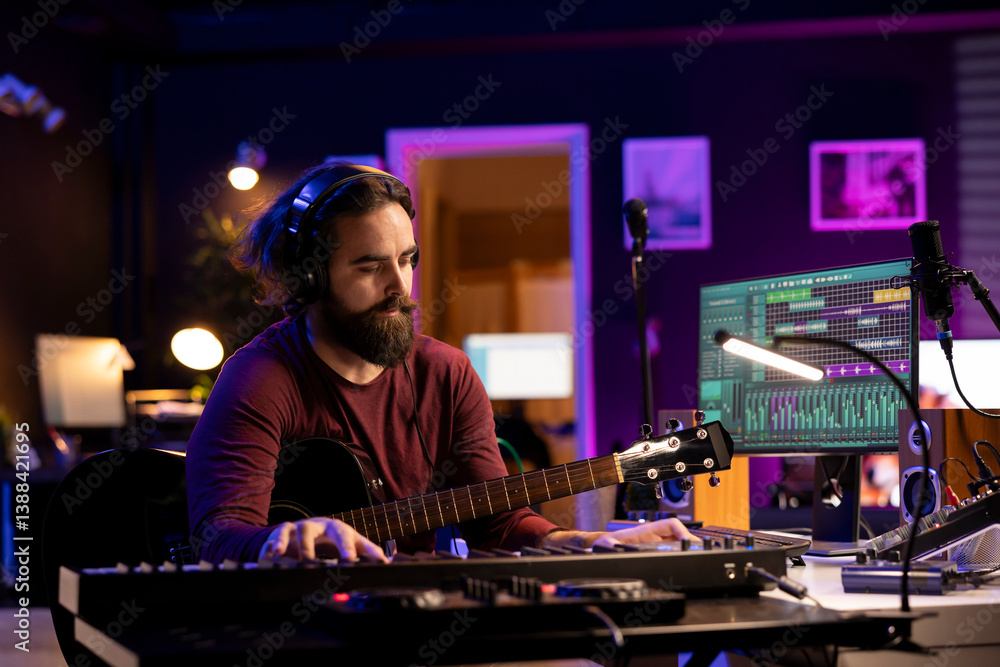 Poster Skilled artist musician composing a song and playing his guitar, acoustical engineering techniques with daw software interface on computer. Producer creating music with instruments and audio gear.