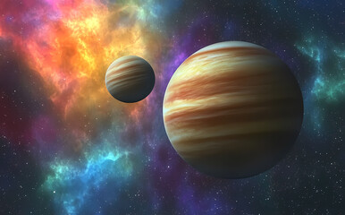 Fototapeta premium Planetary Reverie: Two striped planets float gracefully amidst a kaleidoscope of cosmic nebulas, presenting an inviting vision of the infinite universe.