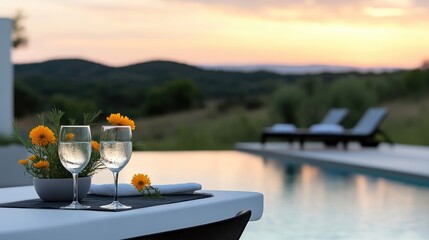 Sunset cocktails by the pool.  Elegant dining arrangement at a luxury resort