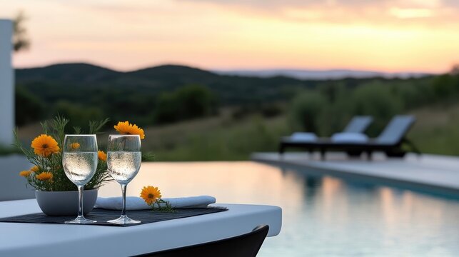 Sunset cocktails by the pool.  Elegant dining arrangement at a luxury resort