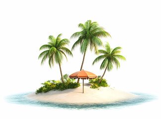 Fototapeta premium Tropical Island Paradise: A sun-drenched scene of a tropical island, featuring lush palm trees, a beach umbrella, and tranquil blue water evokes a sense of serenity and escape.