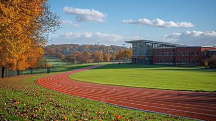 Obraz premium Autumnal Running Track and Modern School Building