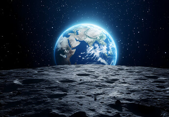 Lunar Perspective: The Earth, a vibrant sphere of life, rises majestically above a barren, textured lunar landscape, creating a stunning contrast between our home planet and the desolate moon surface.