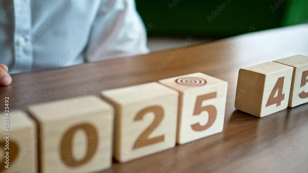 Poster Hand placing target block on wooden blocks spelling out year twenty twenty five on table top