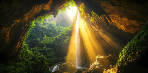 Mystical Cave and Waterfall: Captivating the serene allure of an enchanting cavern bathed in ethereal light from a celestial opening.