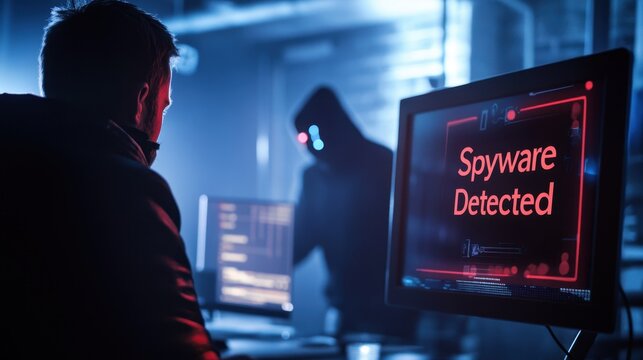 A "Spyware Detected" message on a desktop screen, indicating a cyber attack, with a hacker's silhouette in the background, representing data breach and malware.