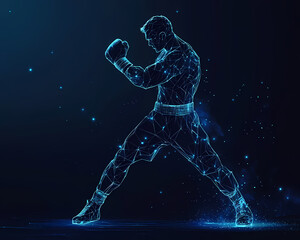Fototapeta premium Boxer's Intense Focus: A digitized image captures a boxer in mid-action, his body a network of illuminated lines, embodying strength and the dedication required in the sport.