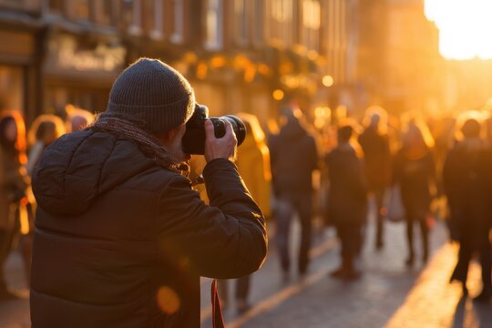 A photographer capturing the essence of a bustling city street at golden hour, artistic urban capture - Powered by Adobe