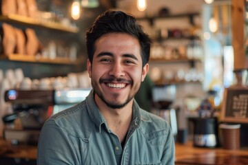 Fototapeta premium Portrait of a smiling young hispanic man in a coffee shop