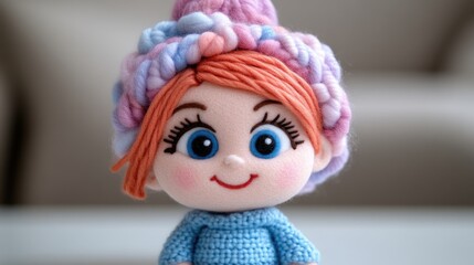 Fototapeta premium Adorably cute knitted doll with red hair, big blue eyes, wearing a colorful chunky yarn hat and a blue sweater, sitting against a soft blurred background.