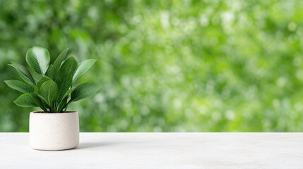 A small, potted plant with vibrant green leaves sits on a white surface. The background is a blurred, out-of-focus image of lush green foliage. The image is high-quality, well-lit, and features a min