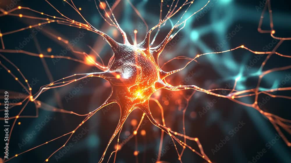 Poster glowing neuron cells with connections on abstract backdrop. ai generated
