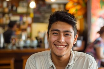 Fototapeta premium Portrait of a smiling young hispanic man in a coffee shop