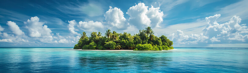 Obraz premium Serene Tropical Island Paradise: A breathtaking aerial view unveils a captivating tropical island embraced by crystal-clear turquoise waters under a sky adorned with puffy white clouds.