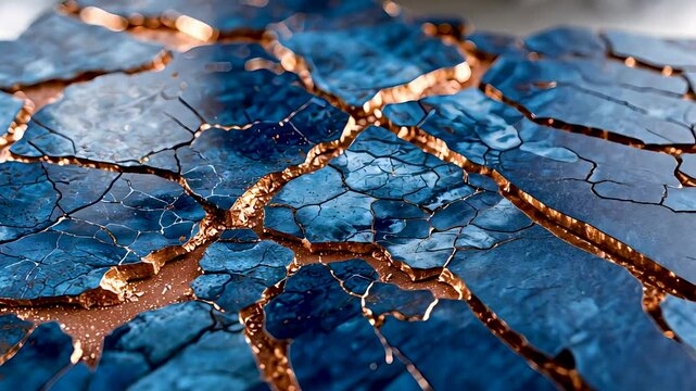 Cracked blue ceramic surface with gold repair lines inspired by kintsugi technique