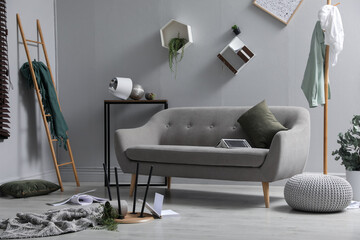 Chaotic living room interior after strong earthquake