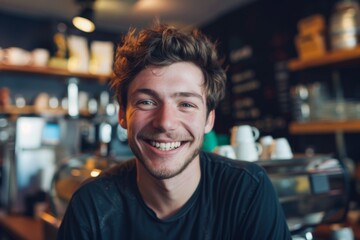 Obraz premium Portrait of a smiling young Caucasian man in a coffee shop