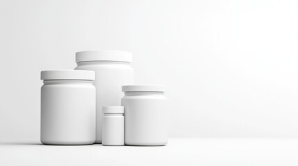Three white plastic jars of varying sizes sit on a white surface against a white background. The largest jar is in the back, with a medium-sized jar in front and a small jar in the foreground. The im