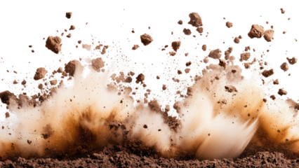 Png of A dramatic explosion of dirt and dust, creating a powerful visual effect with rich earthy tones and dynamic movement on transparent background.