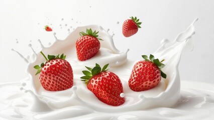 Fresh strawberries splash into creamy milk creating a delicious dessert delight