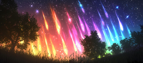 Celestial Symphony: A vibrant display of meteor showers paints the night sky with a kaleidoscope of colors, offering a breathtaking spectacle over a serene landscape.